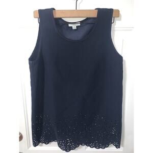 Katherine Barclay Womens Sleeveless Dark Navy Top With Eyelet Hem Detail Size S